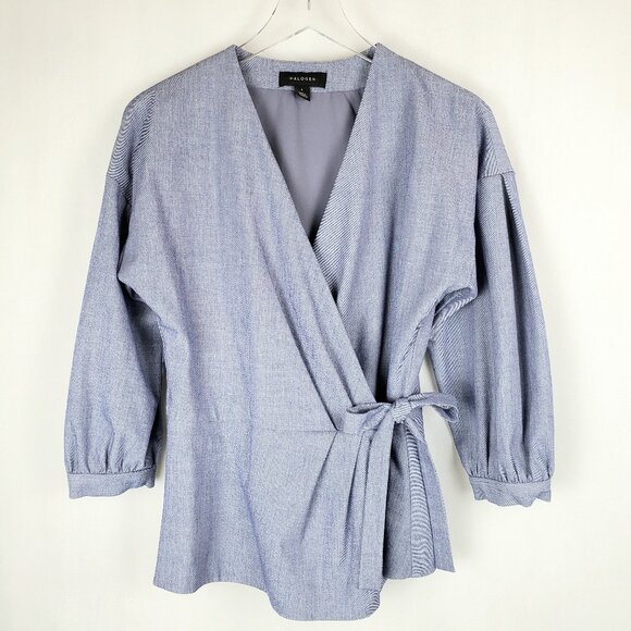 Halogen Tops - Halogen Blue Chambray Puff Sleeve Wrap Shirt Jacket